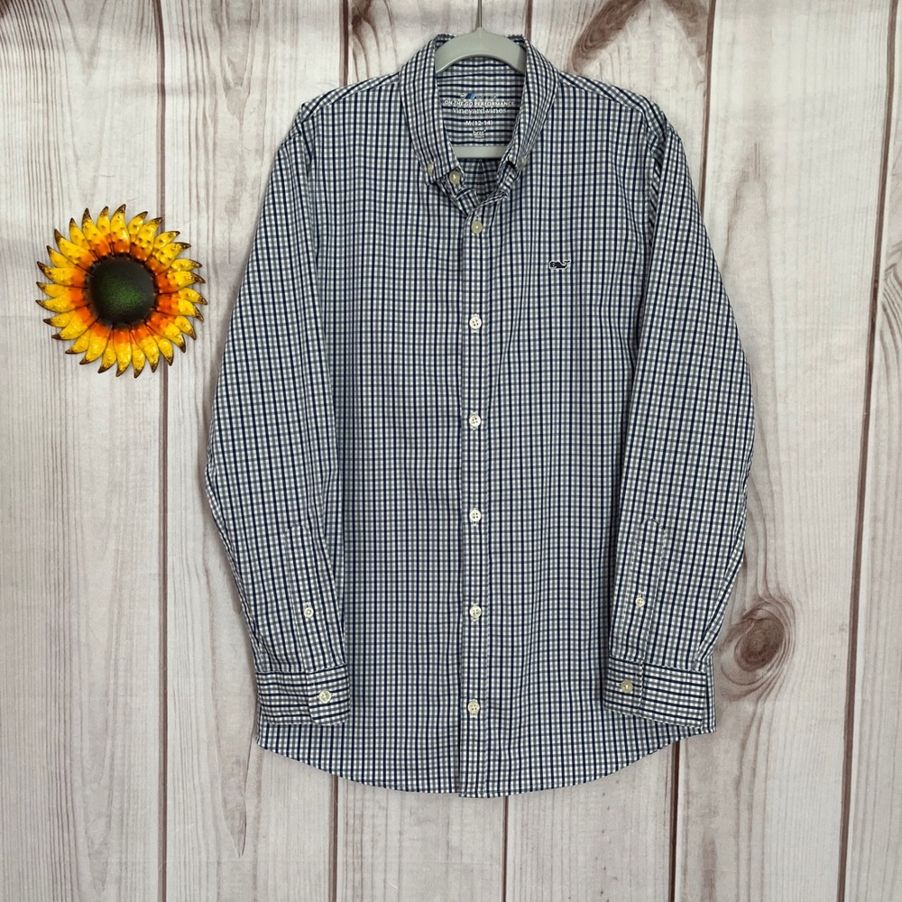 Vineyard Vines Boys Gingham Check Button Down Performance Dress Shirt M 12/14